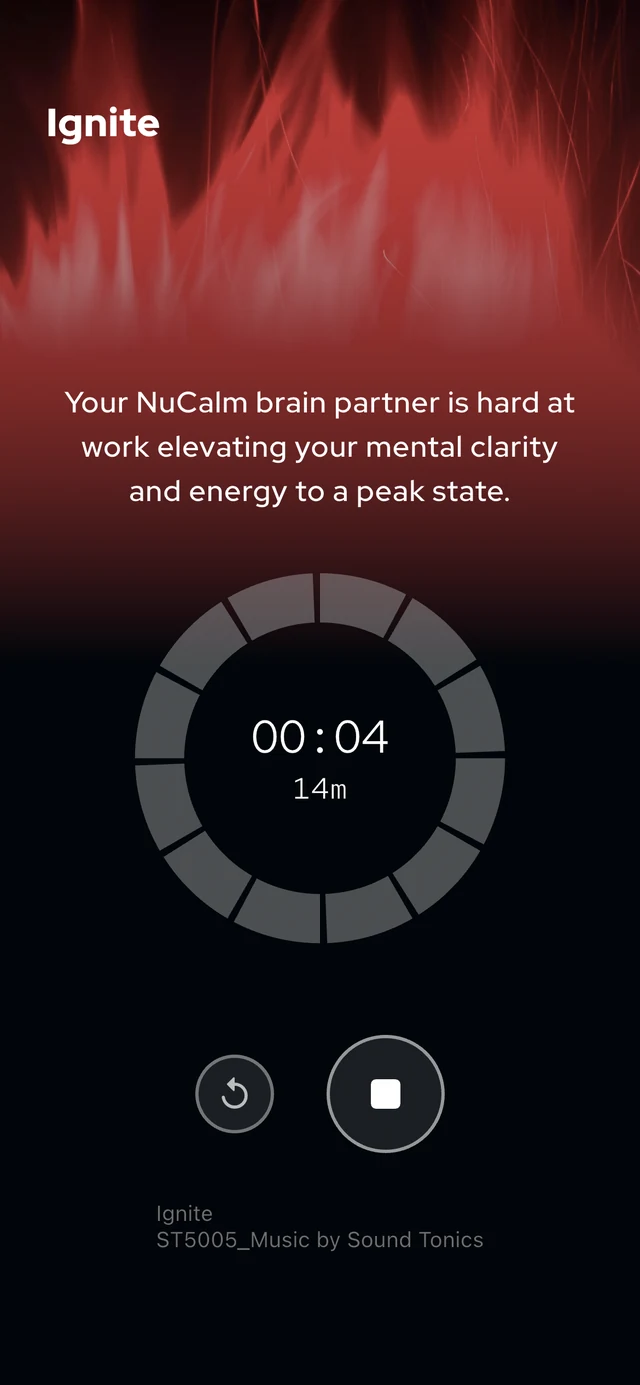 The Ignite session screen in the NuCalm app, with a 14-minute timer.