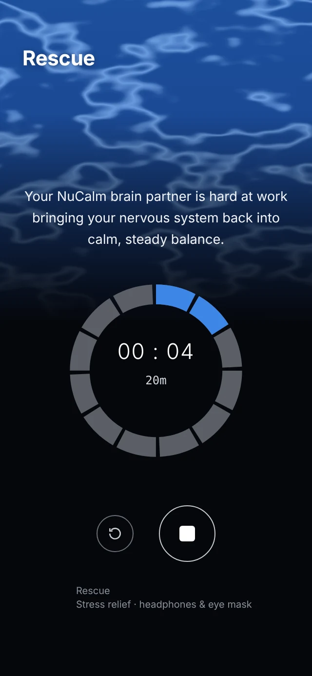 A Rescue session playing in the NuCalm app, with a 20-minute timer.