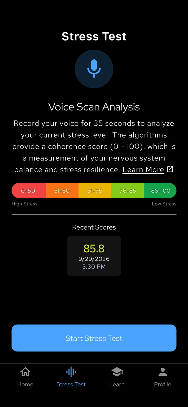 The Stress Test in the NuCalm app: speak for 35 seconds and get your Coherence Score.