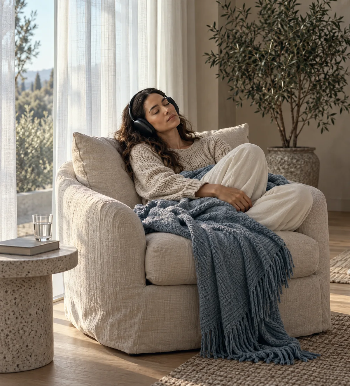 Video poster: a woman rests in a linen armchair by a sheer-curtained window, eyes closed, wearing headphones under a soft blue throw.